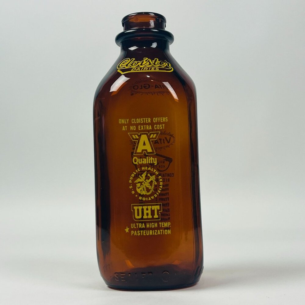 Vintage 1963 Vita Glow Cloister Dairy Brown Quart Milk Bottle UHT